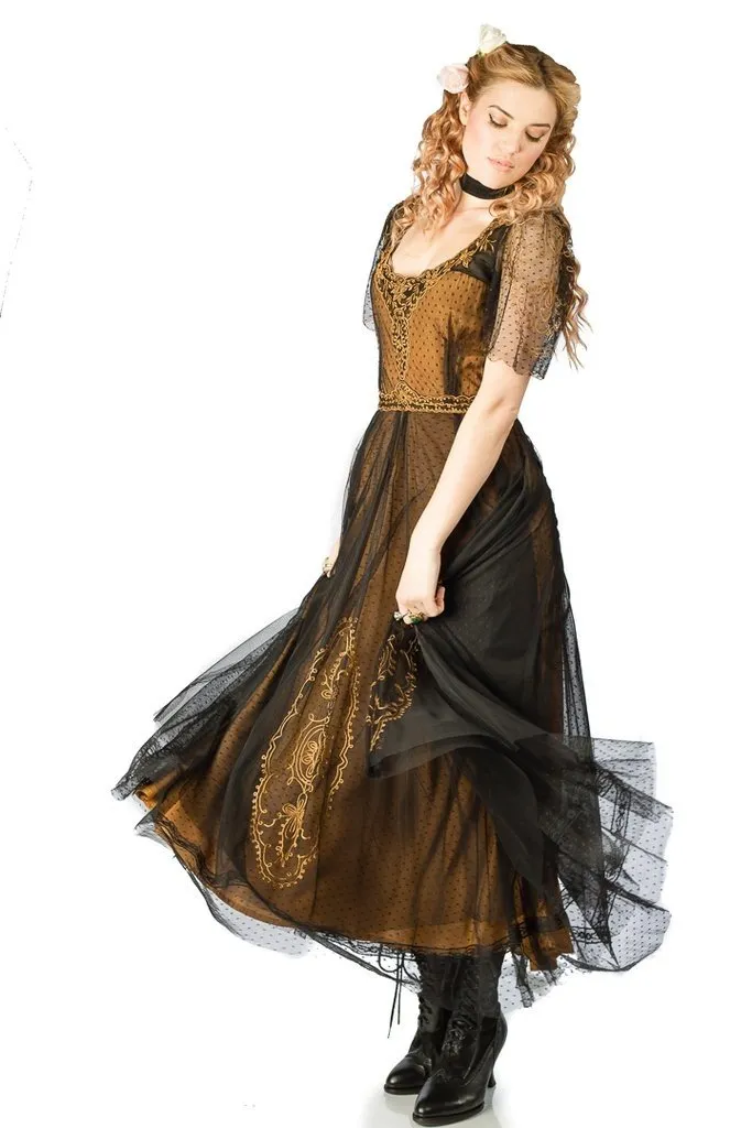 Alice Vintage Style Dress in Black-Gold by Nataya