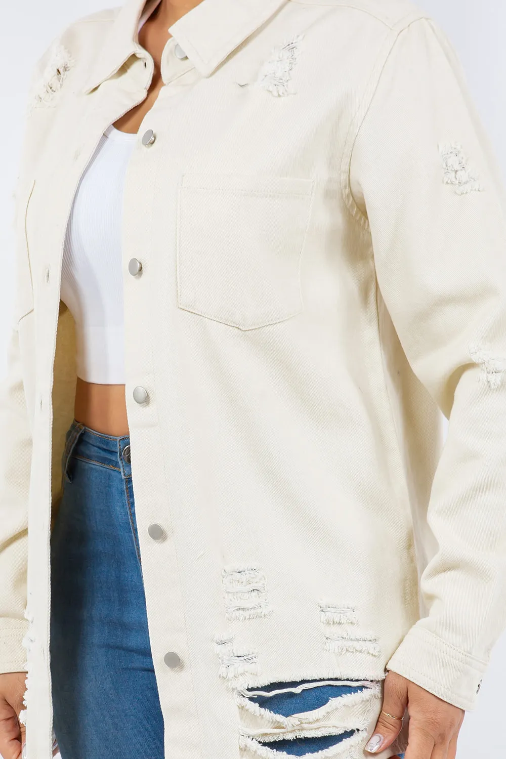 American Bazi Torn Distressed Hole Oversized Shacket Cotton Denim Jean Jacket Bone Ivory