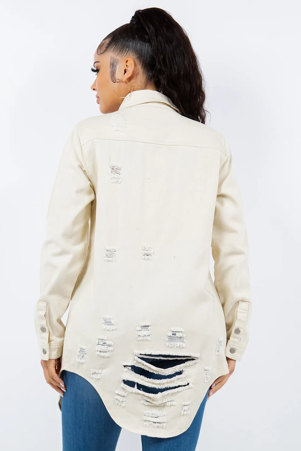 American Bazi Torn Distressed Hole Oversized Shacket Cotton Denim Jean Jacket Bone Ivory