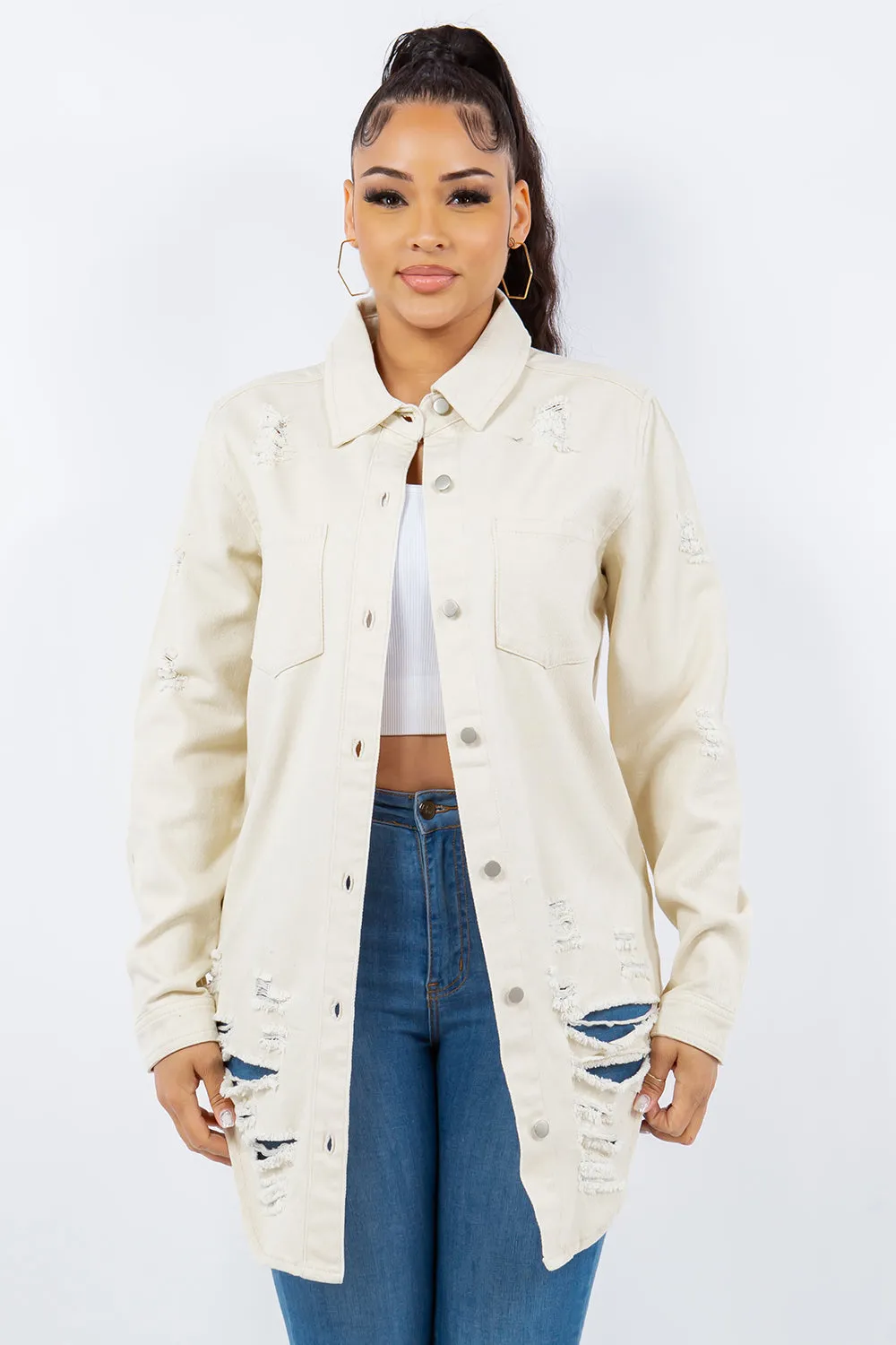 American Bazi Torn Distressed Hole Oversized Shacket Cotton Denim Jean Jacket Bone Ivory
