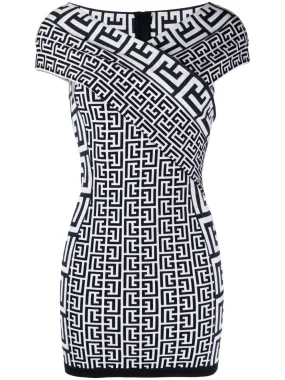 BALMAIN Elegant Off-Shoulder Knit Dress in Classic Monogram Pattern for Women