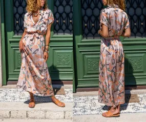 Beige Satin Elastic Waist Half Pleated Belted Long Dress,Boho Dress,Maxi Dress,Short Sleeve Dress-Boho Womens Dress-Safari Dress,Fall Dress