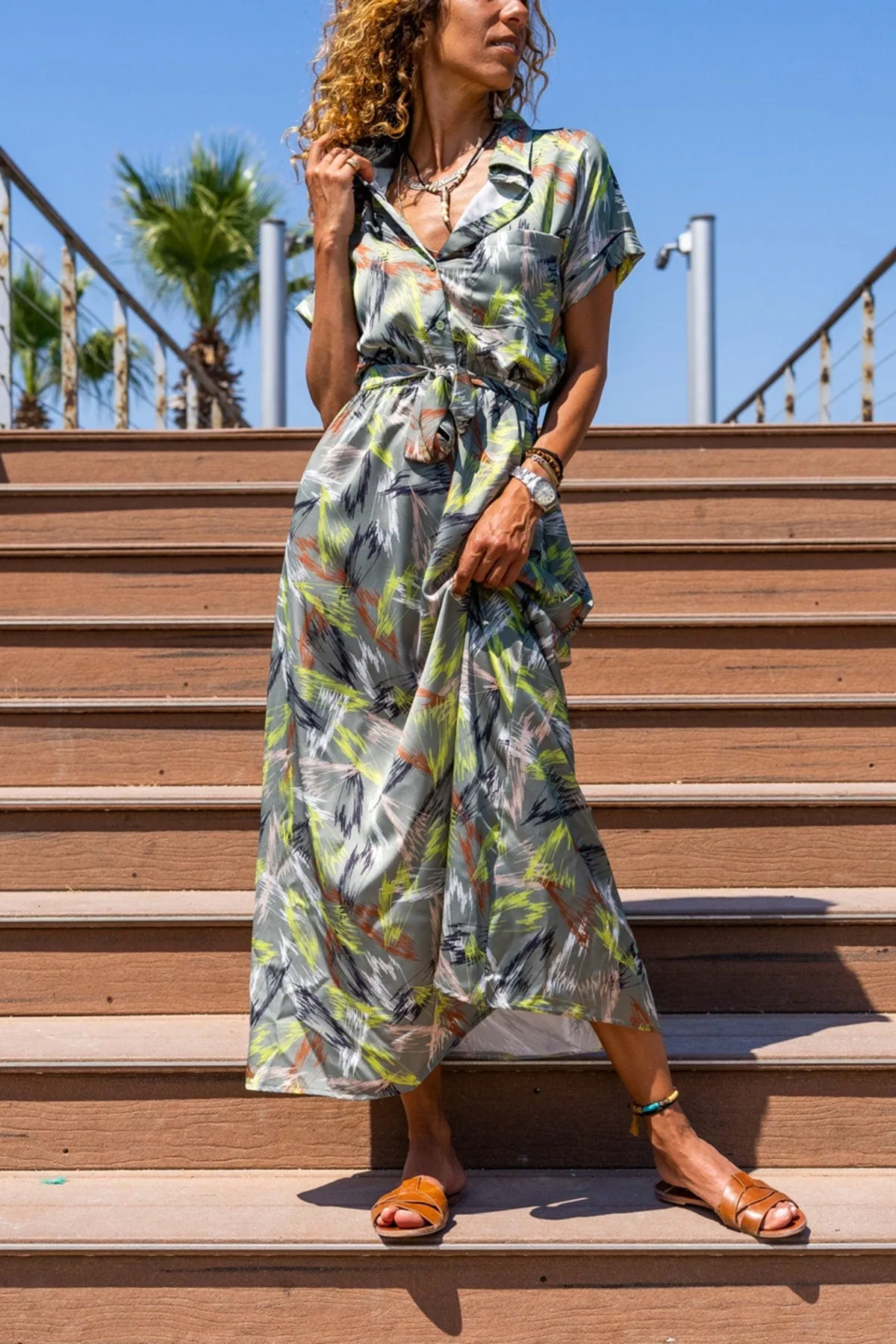 Beige Satin Elastic Waist Half Pleated Belted Long Dress,Boho Dress,Maxi Dress,Short Sleeve Dress-Boho Womens Dress-Safari Dress,Fall Dress