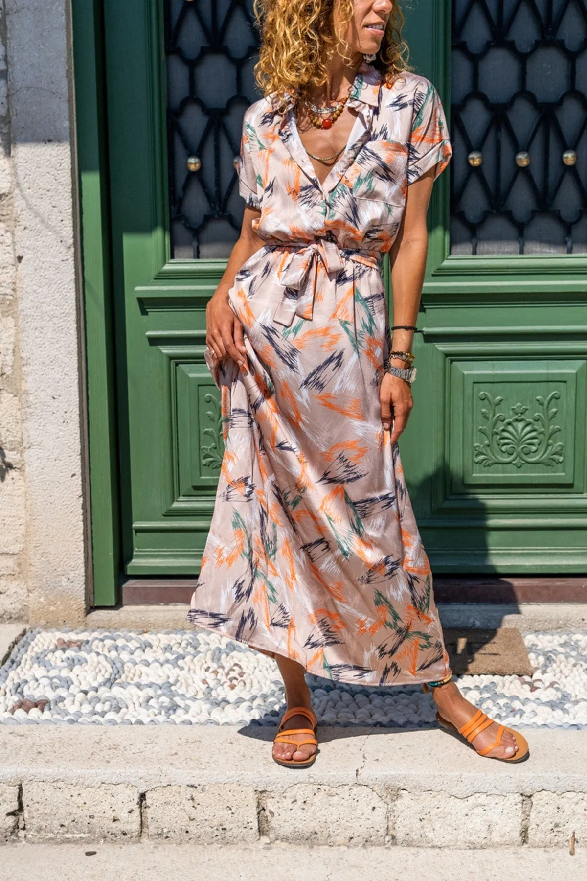 Beige Satin Elastic Waist Half Pleated Belted Long Dress,Boho Dress,Maxi Dress,Short Sleeve Dress-Boho Womens Dress-Safari Dress,Fall Dress