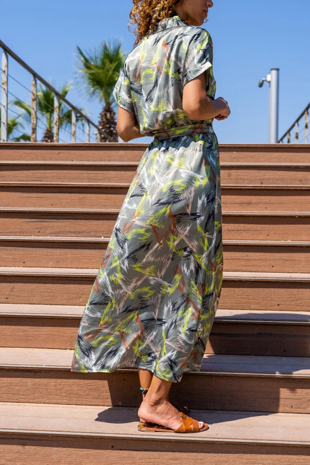 Beige Satin Elastic Waist Half Pleated Belted Long Dress,Boho Dress,Maxi Dress,Short Sleeve Dress-Boho Womens Dress-Safari Dress,Fall Dress