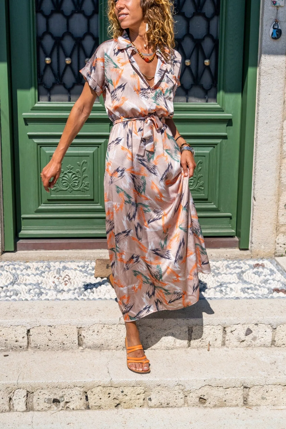 Beige Satin Elastic Waist Half Pleated Belted Long Dress,Boho Dress,Maxi Dress,Short Sleeve Dress-Boho Womens Dress-Safari Dress,Fall Dress