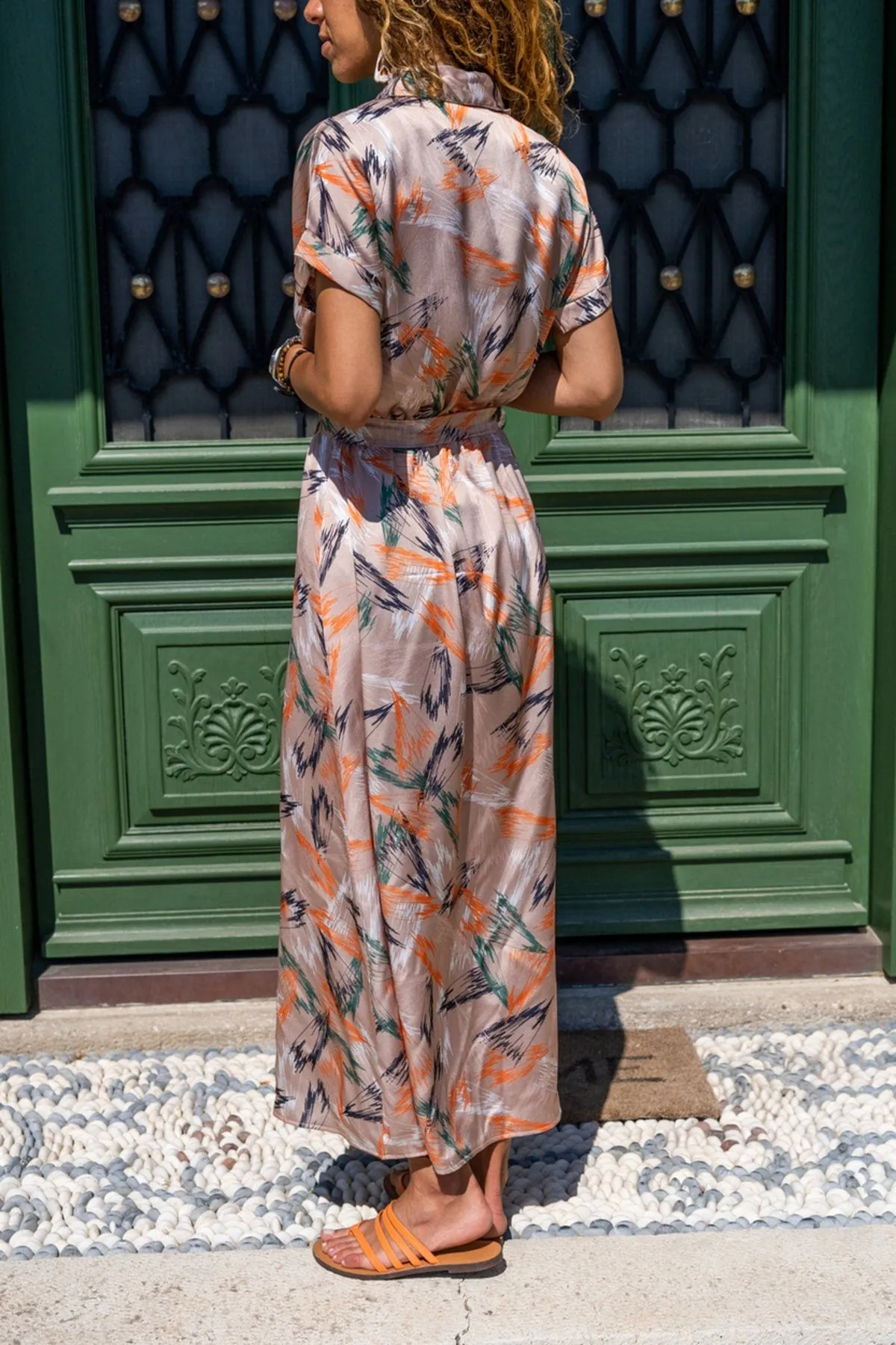 Beige Satin Elastic Waist Half Pleated Belted Long Dress,Boho Dress,Maxi Dress,Short Sleeve Dress-Boho Womens Dress-Safari Dress,Fall Dress