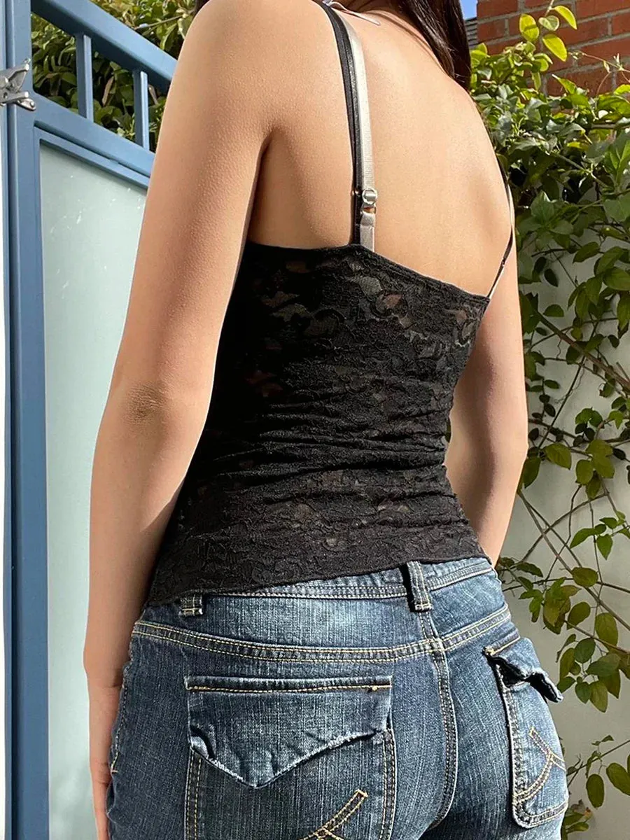 Black Lace Strapless Camisoles V Neck Sleeveless Sling Backless Slim Fit Streetwear Tank Vintage Top