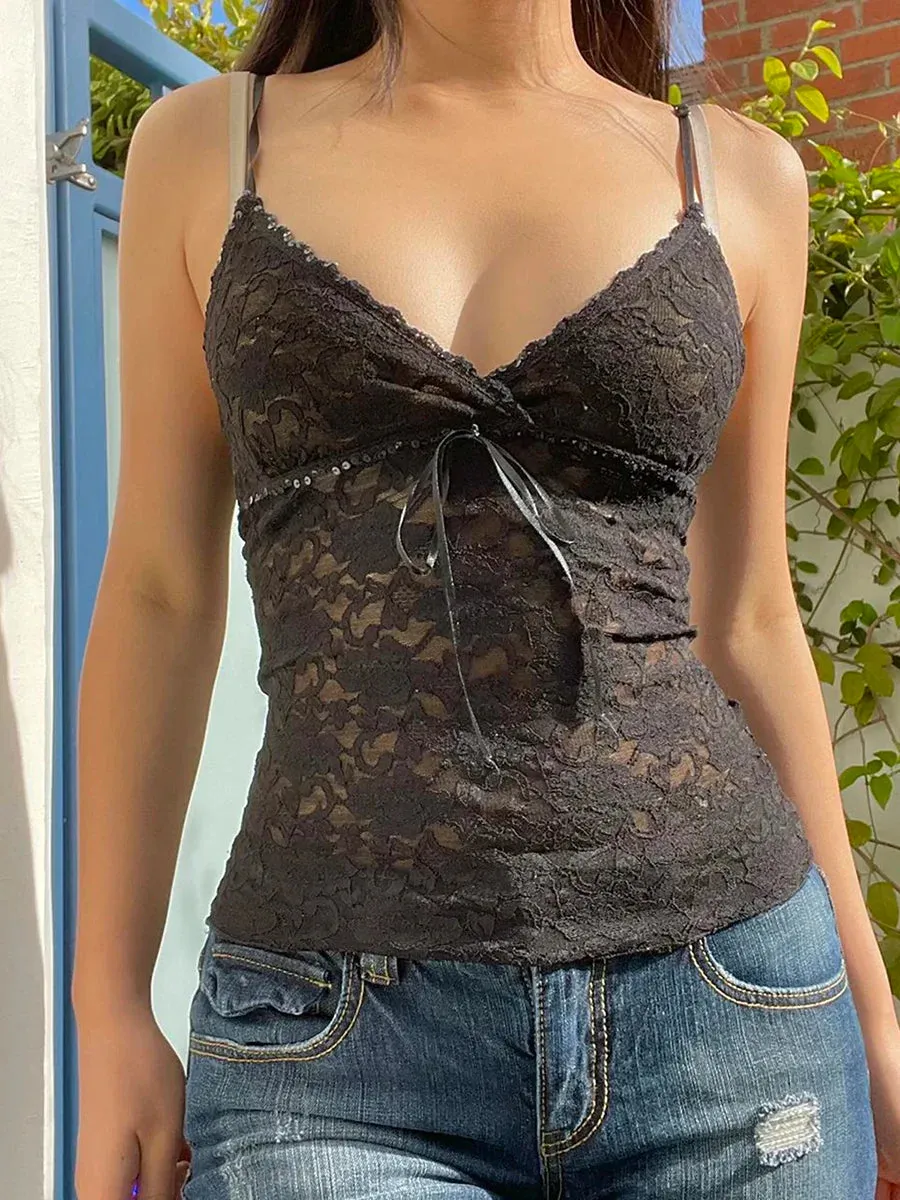 Black Lace Strapless Camisoles V Neck Sleeveless Sling Backless Slim Fit Streetwear Tank Vintage Top