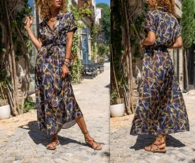 Black Satin Elastic Waist Half Pleated Belted Long Dress,Boho Dress,Maxi Dress,Short Sleeve Dress-Boho Womens Dress-Safari Dress,Fall Dress