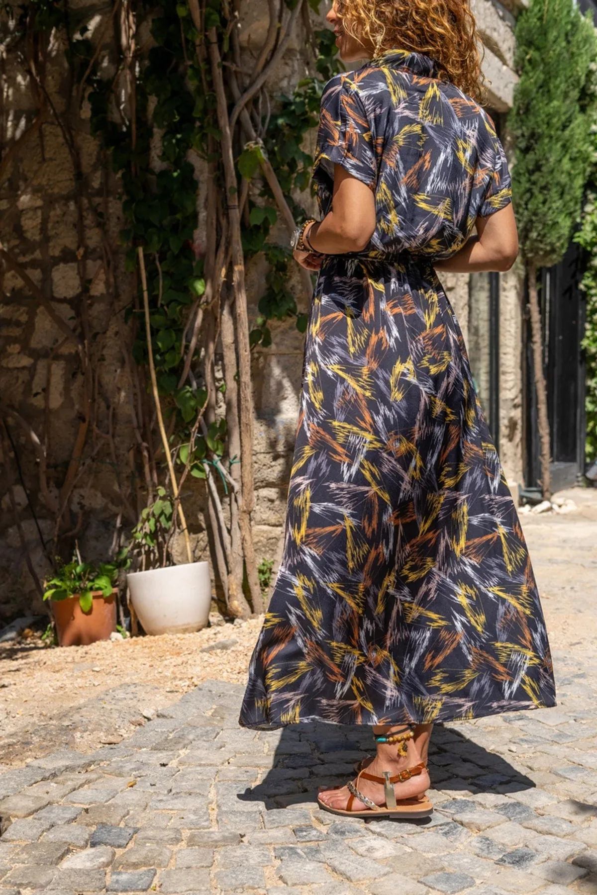 Black Satin Elastic Waist Half Pleated Belted Long Dress,Boho Dress,Maxi Dress,Short Sleeve Dress-Boho Womens Dress-Safari Dress,Fall Dress