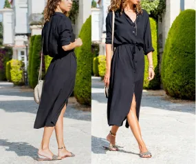 Black Self Belted Buttoned Long Shirt Dress,Maxi Dress,Long Sleeve Dress-Boho Wear Womens Dress-Attractive Casual Dress,Vintage Dress