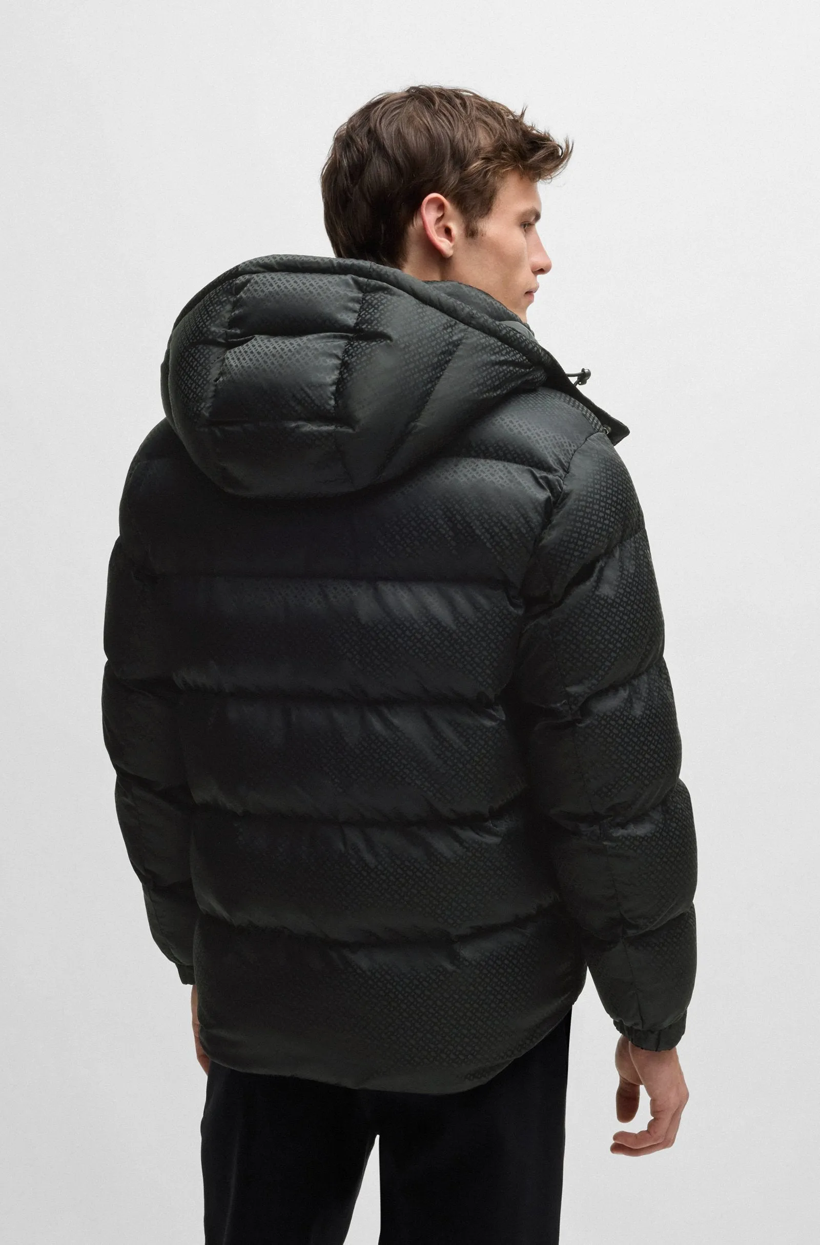 Boss Water-Repellent Puffer Jacket with Micro Monograms - Black