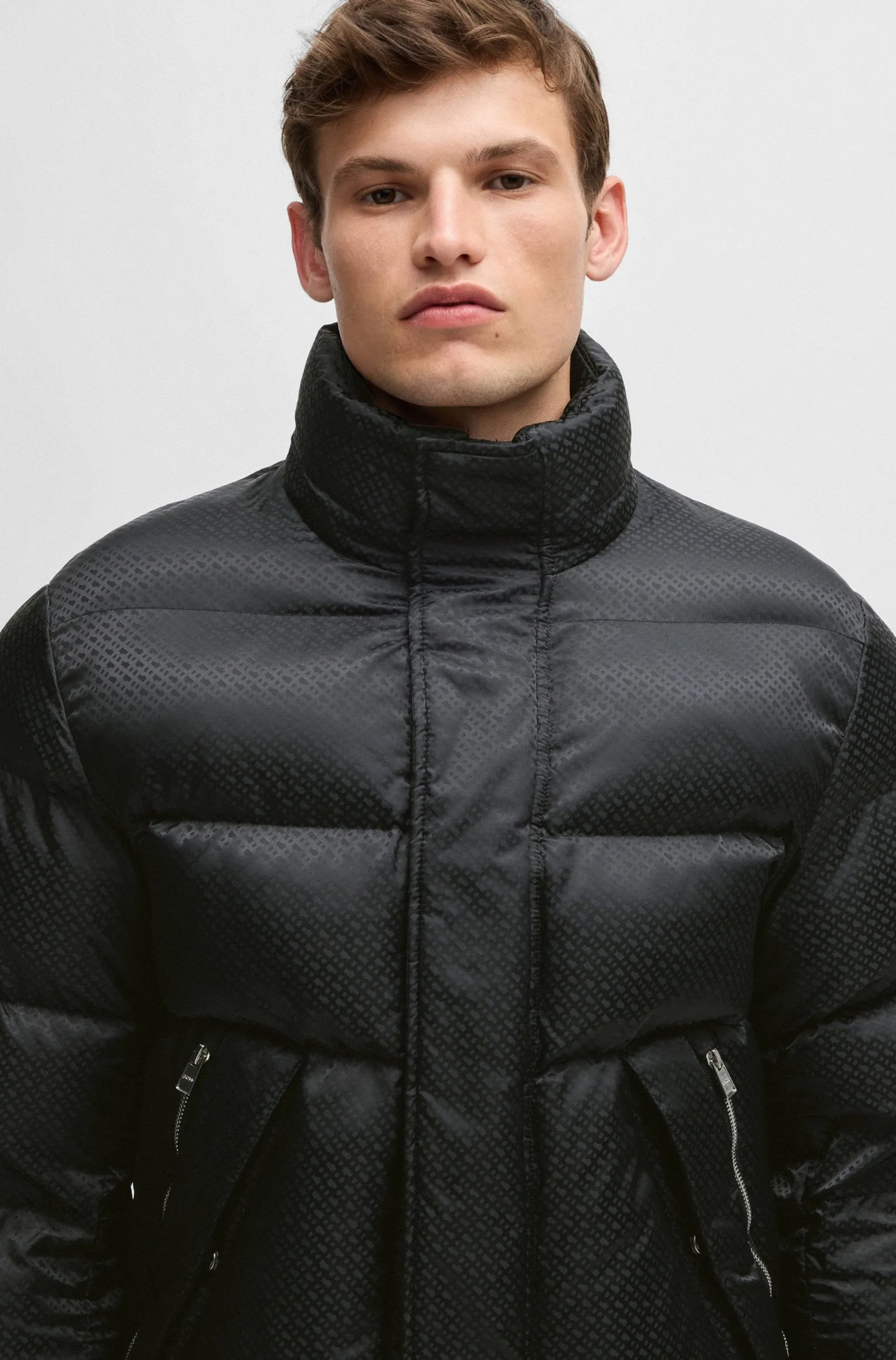 Boss Water-Repellent Puffer Jacket with Micro Monograms - Black