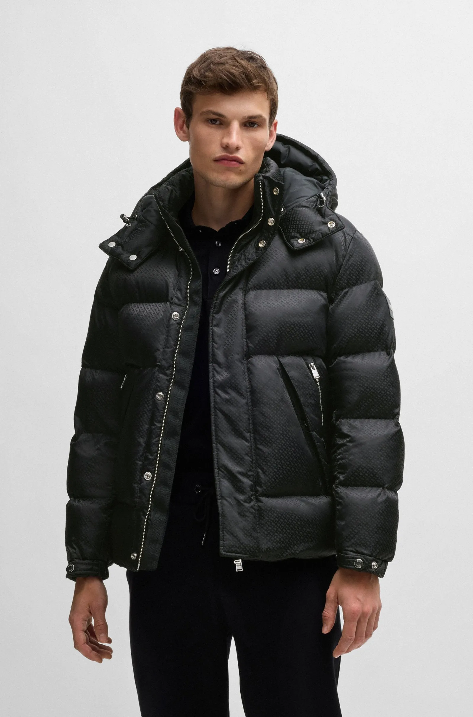 Boss Water-Repellent Puffer Jacket with Micro Monograms - Black