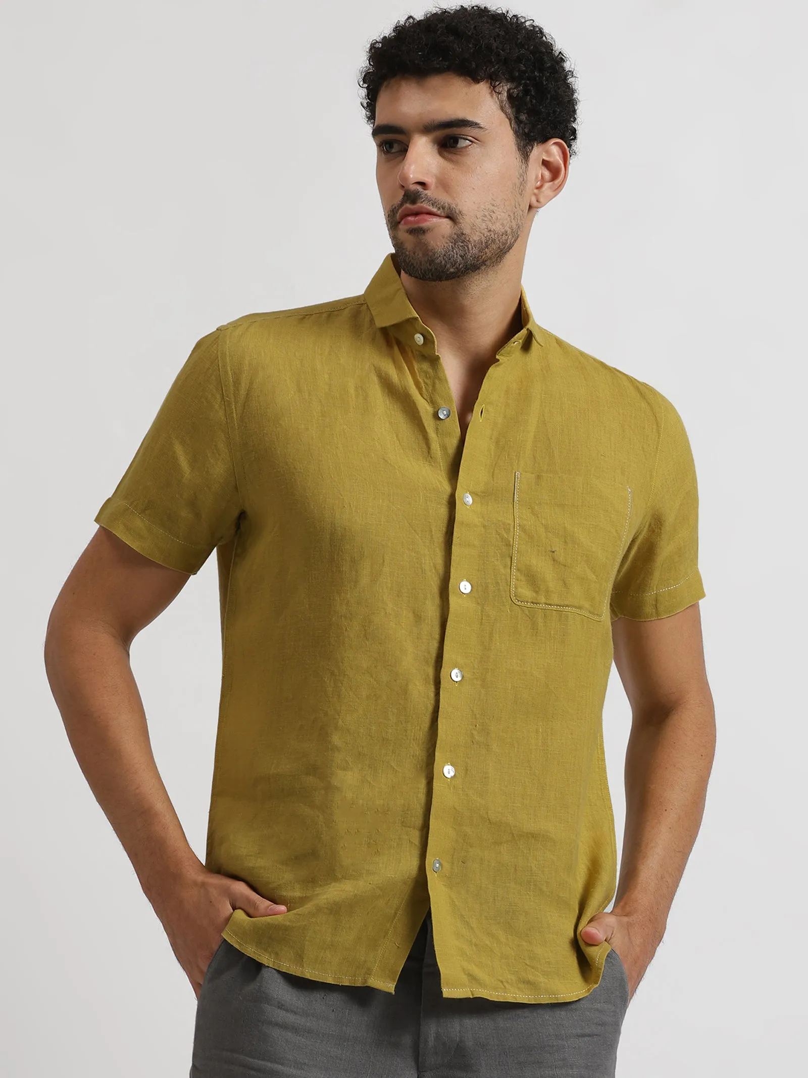 Charles - Pure Linen Half Sleeve Shirt - Sunburst Yellow (Factory Rescue)