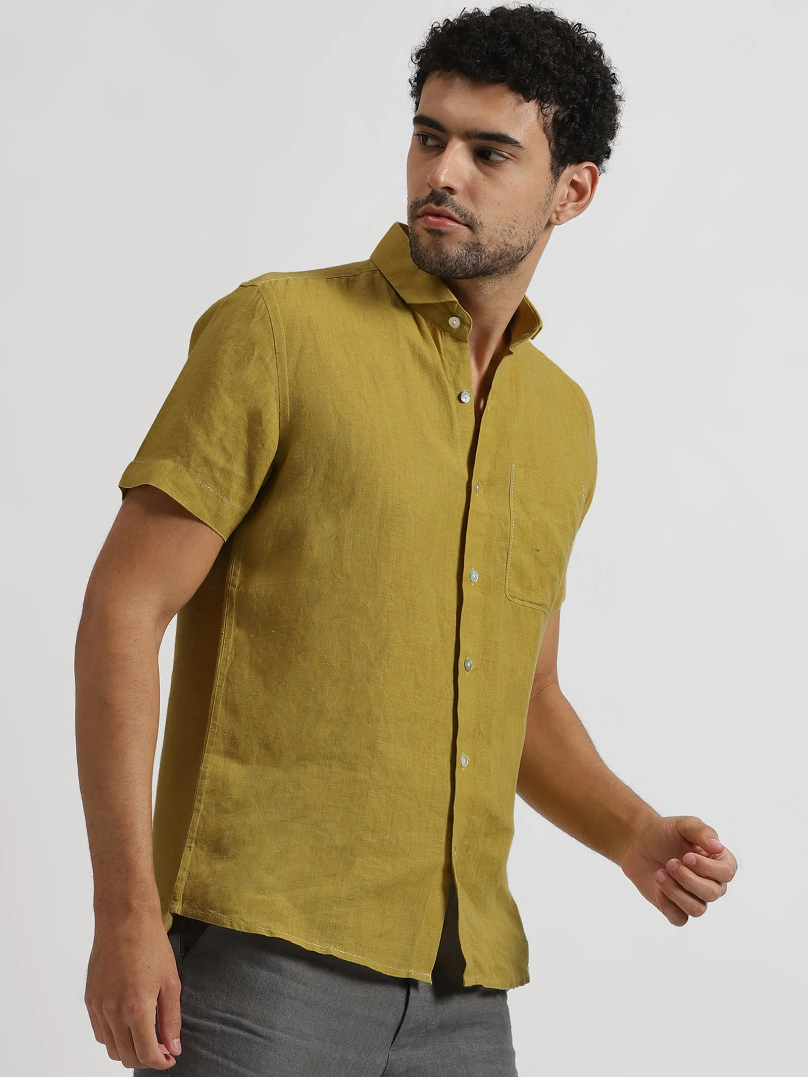 Charles - Pure Linen Half Sleeve Shirt - Sunburst Yellow (Factory Rescue)