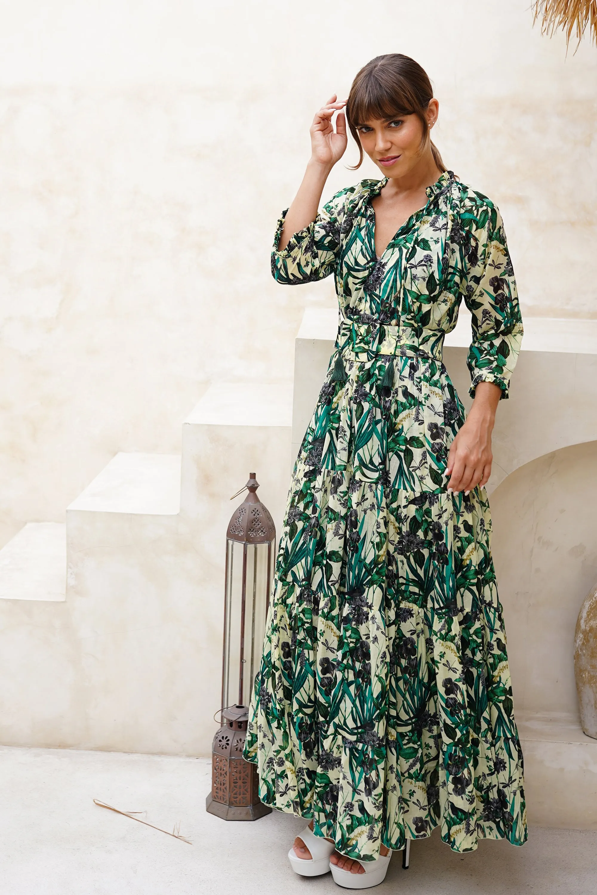 Eden Dress Crew Neck 3/4 Sleeve Maxi Length Cotton Musola (Vintage Iris)