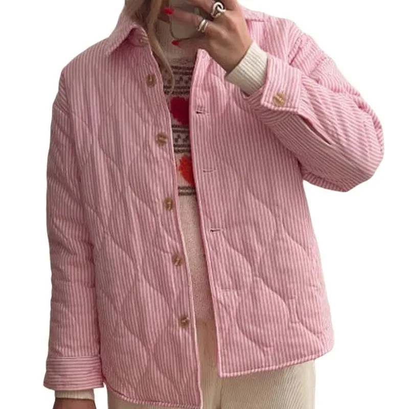 Fashionkova WPNAKS Women Puffer Jacket Autumn Winter Clothes Stripe Turn-Down Collar Button Quilted Coat Long Sleeve Padded Jacket Outerwear