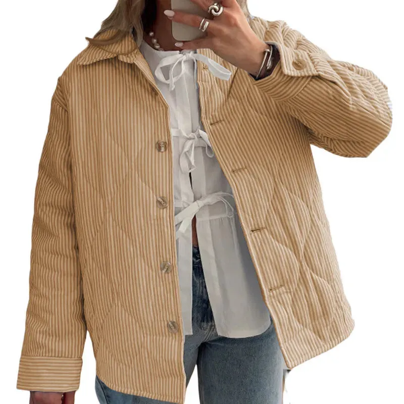 Fashionkova WPNAKS Women Puffer Jacket Autumn Winter Clothes Stripe Turn-Down Collar Button Quilted Coat Long Sleeve Padded Jacket Outerwear