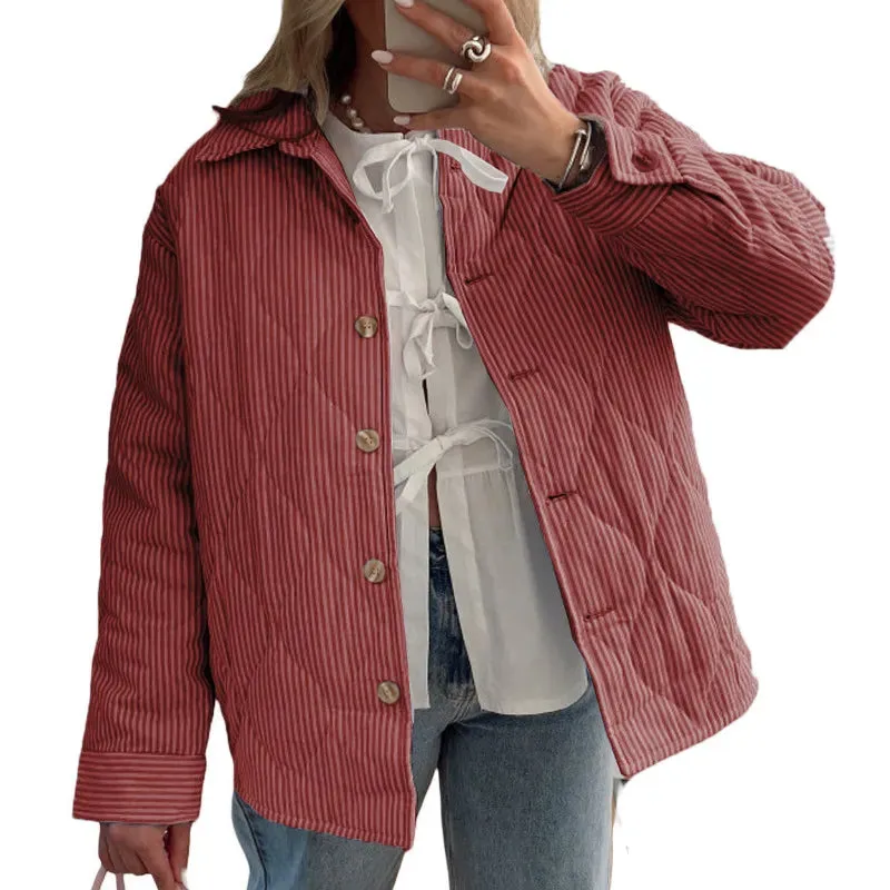 Fashionkova WPNAKS Women Puffer Jacket Autumn Winter Clothes Stripe Turn-Down Collar Button Quilted Coat Long Sleeve Padded Jacket Outerwear