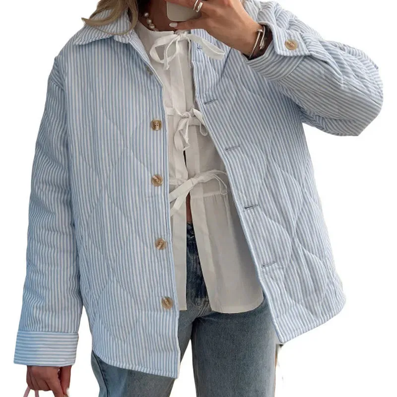 Fashionkova WPNAKS Women Puffer Jacket Autumn Winter Clothes Stripe Turn-Down Collar Button Quilted Coat Long Sleeve Padded Jacket Outerwear