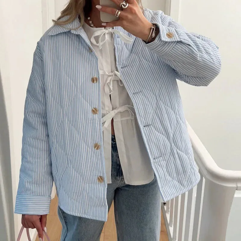 Fashionkova WPNAKS Women Puffer Jacket Autumn Winter Clothes Stripe Turn-Down Collar Button Quilted Coat Long Sleeve Padded Jacket Outerwear