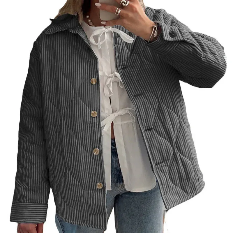 Fashionkova WPNAKS Women Puffer Jacket Autumn Winter Clothes Stripe Turn-Down Collar Button Quilted Coat Long Sleeve Padded Jacket Outerwear