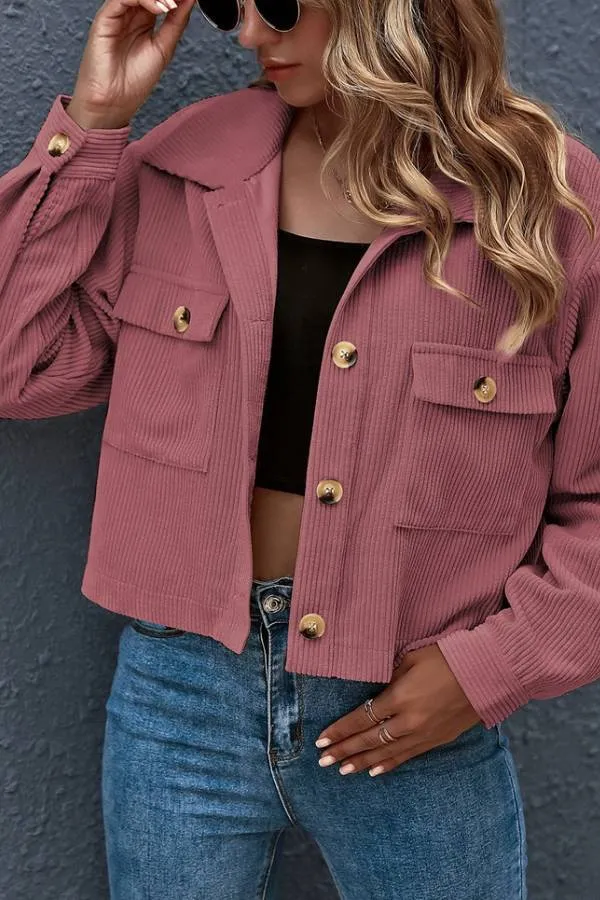 Flap Pockets Turn Down Collar Corduroy Shacket