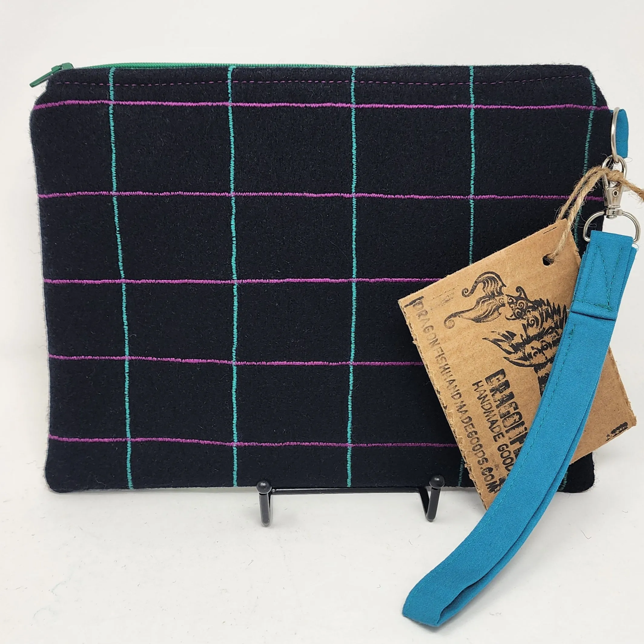 Freehand Machine Embroidered Pea Coat Wool   Lunch Ladies Upcycled 10.5x8 Clutch bag
