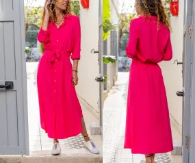 Fuscha Self Belted Buttoned Long Shirt Dress,Maxi Dress,Long Sleeve Dress-Boho Wear Womens Dress-Attractive Casual Dress,Vintage Dress