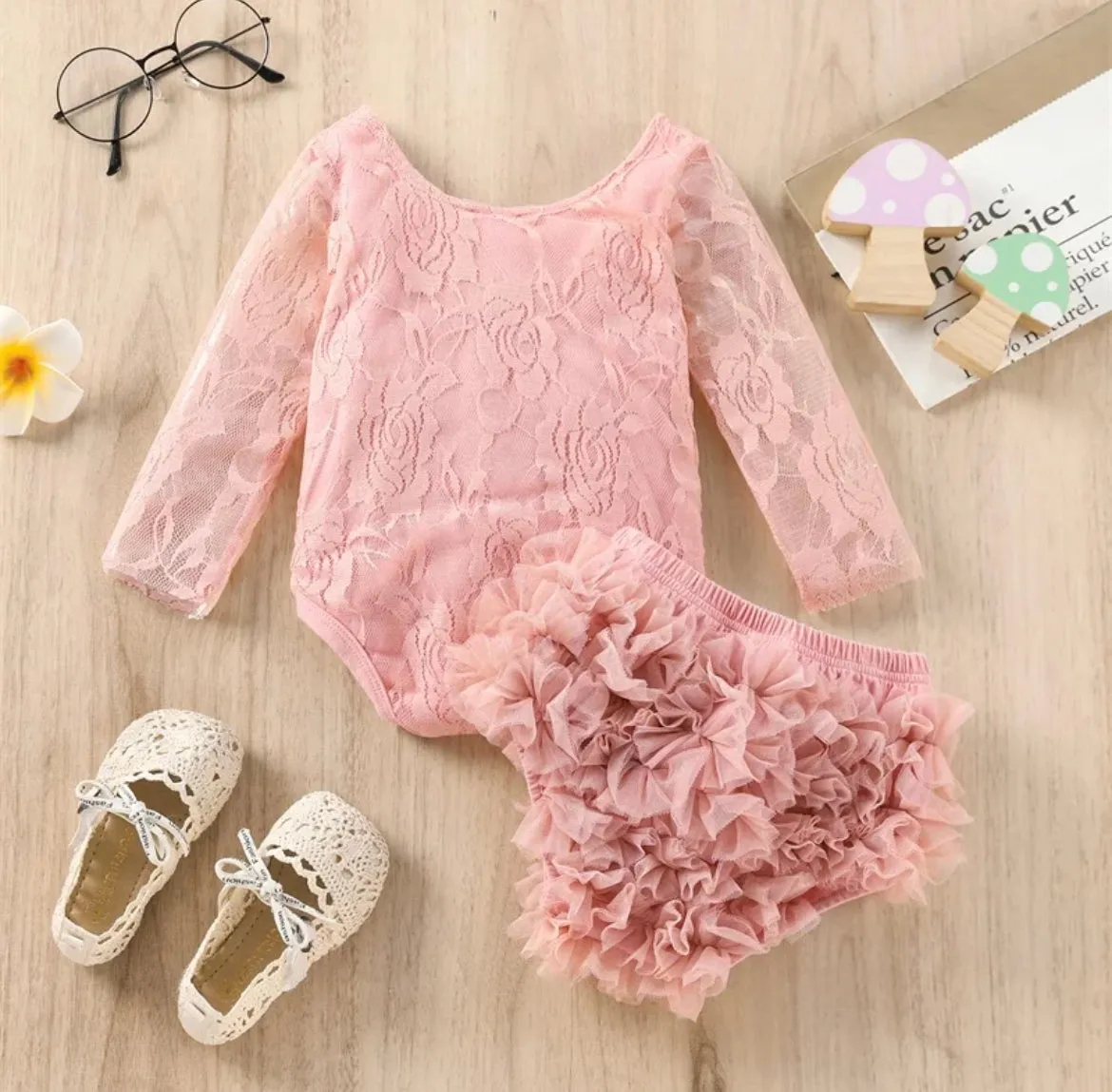 Girls First Birthday Lace “One” Long Sleeve Romper   Bloomers Set  - White