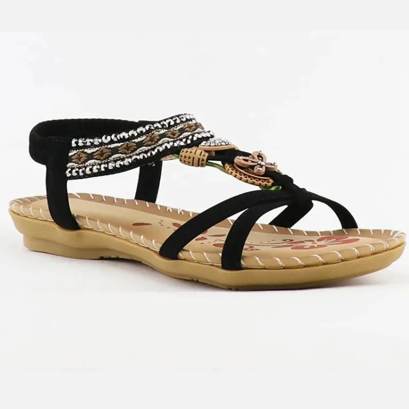 Hnzxzm Summer Women Bohemian Sandals Crystal Foam Non-slip Sandalias Mujer Elastic Band Strap Low Heels Rome Shoes Sandals