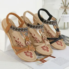 Hnzxzm Summer Women Bohemian Sandals Crystal Foam Non-slip Sandalias Mujer Elastic Band Strap Low Heels Rome Shoes Sandals