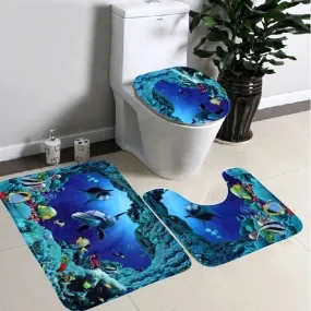 Hot Sale Fashion 3Pcs/Set Bathroom Non-Slip Blue Ocean Style Pedestal Rug   Lid Toilet Cover   Bath Mat [NF] FG