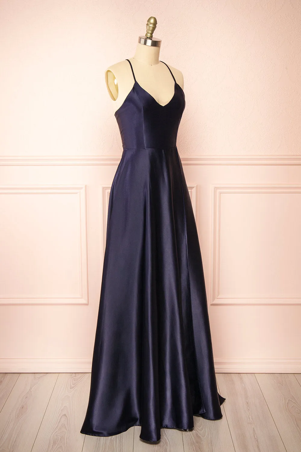 Julia Navy | Satin Maxi Dress w/ High Slit