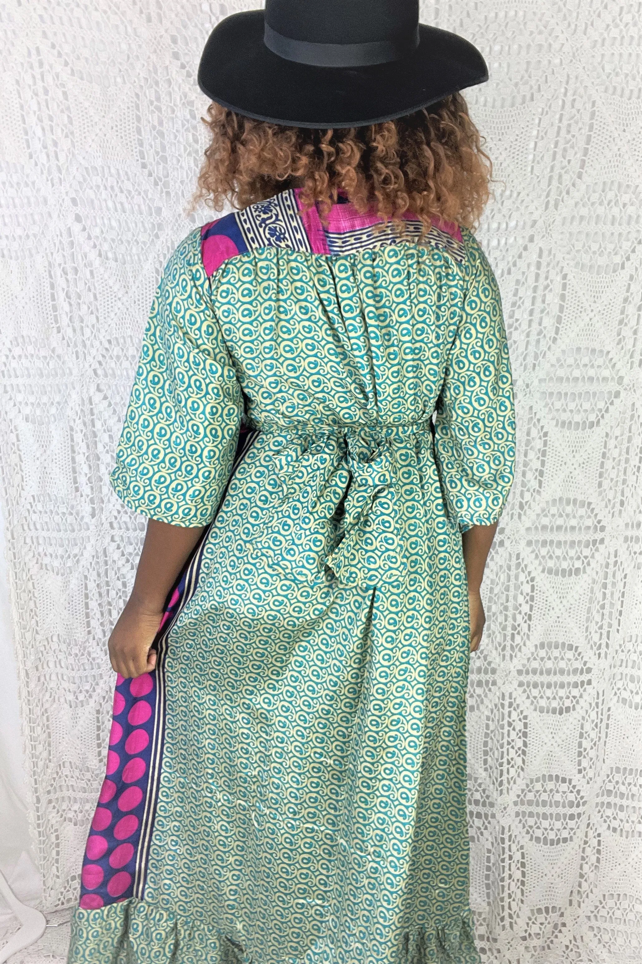 Lunar Maxi Dress - Vintage Indian Sari - Bold, Magenta & Teal Paisley Motif - S/M