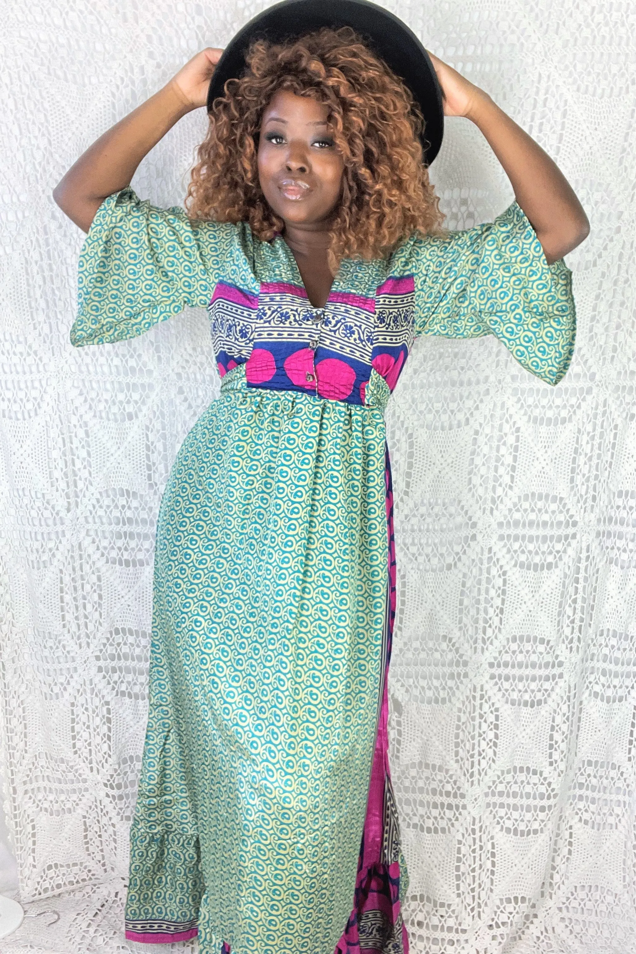 Lunar Maxi Dress - Vintage Indian Sari - Bold, Magenta & Teal Paisley Motif - S/M
