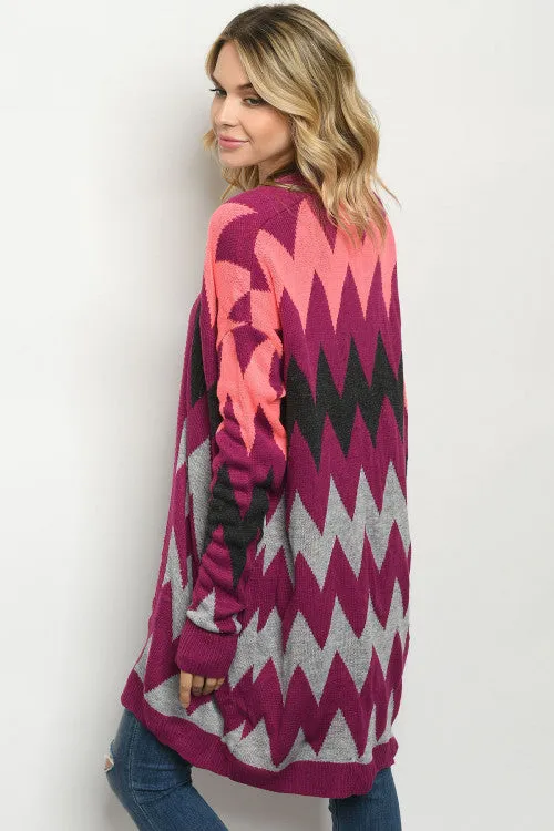 Magenta and Gray Long Sleeve Open Front Sweater
