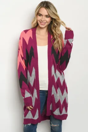 Magenta and Gray Long Sleeve Open Front Sweater