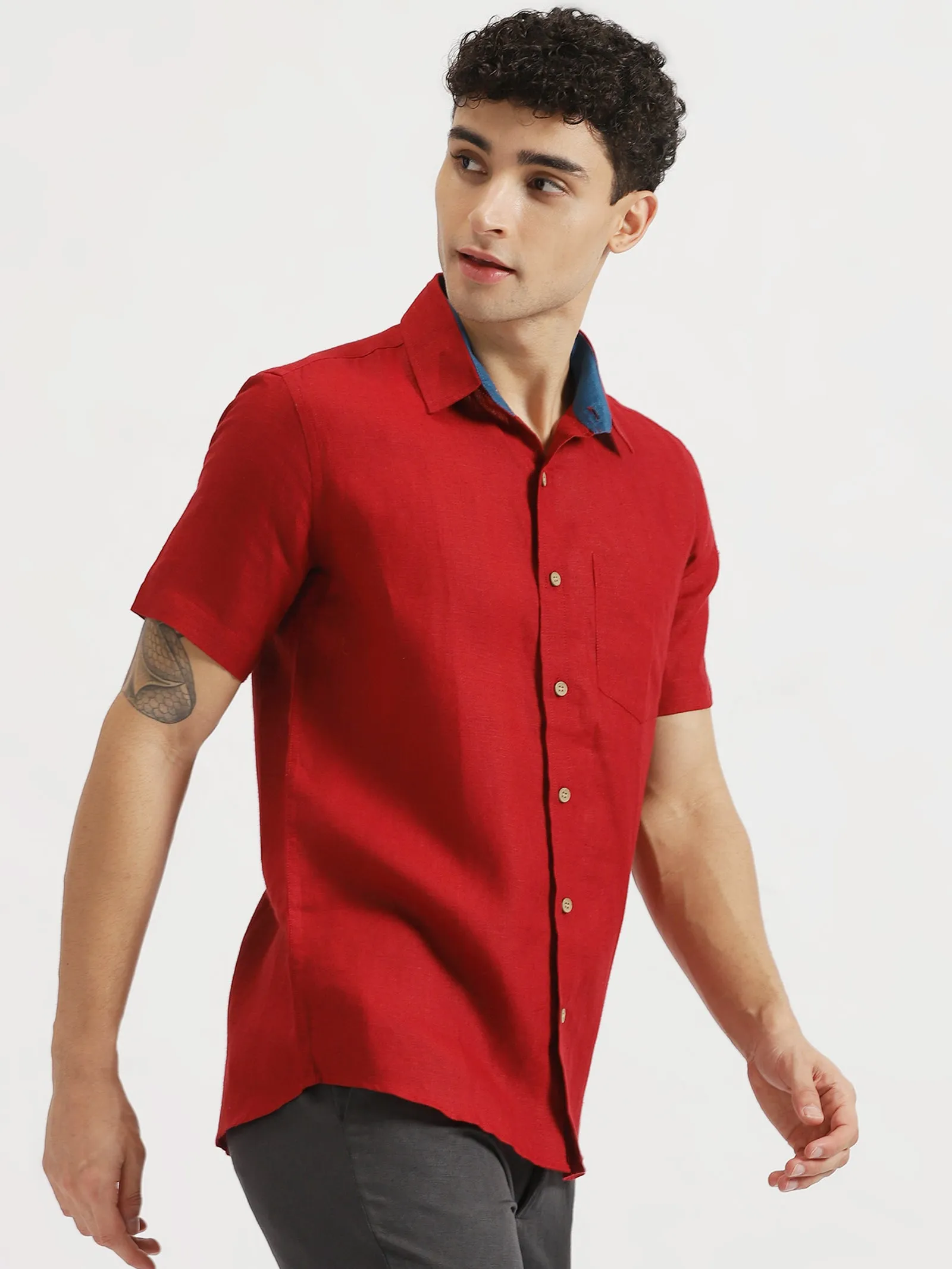 Max - Pure Linen Half Sleeve Shirt - Mud Red (Factory Rescue)