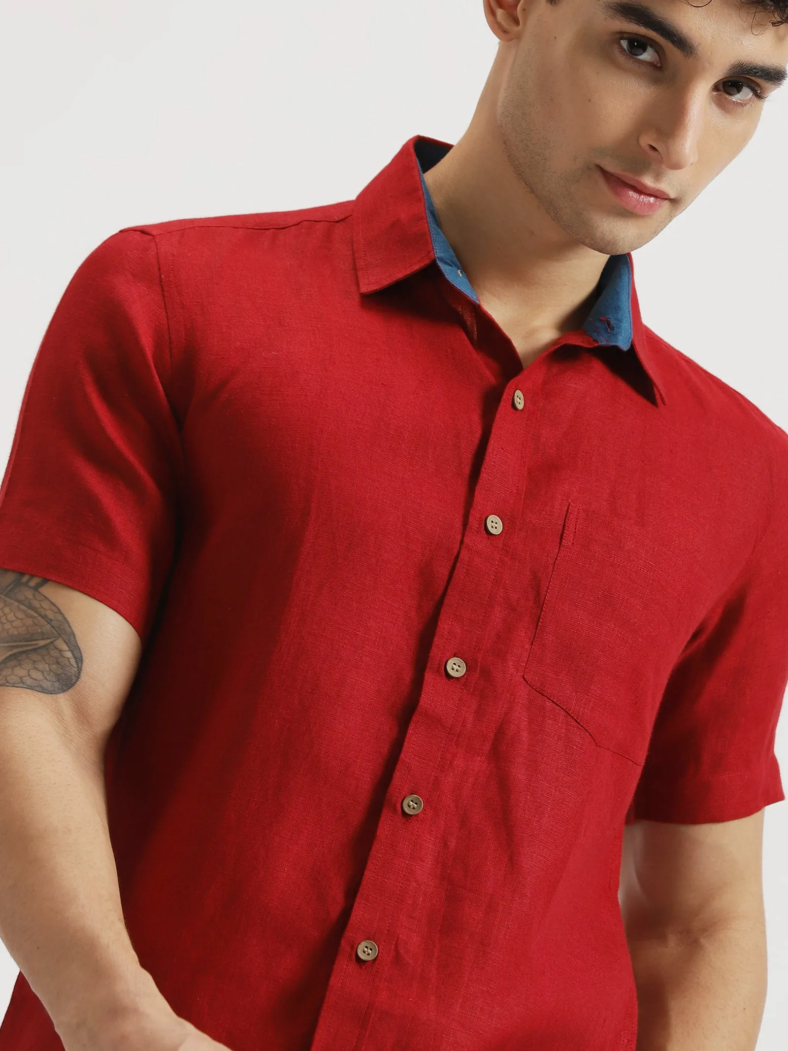 Max - Pure Linen Half Sleeve Shirt - Mud Red (Factory Rescue)