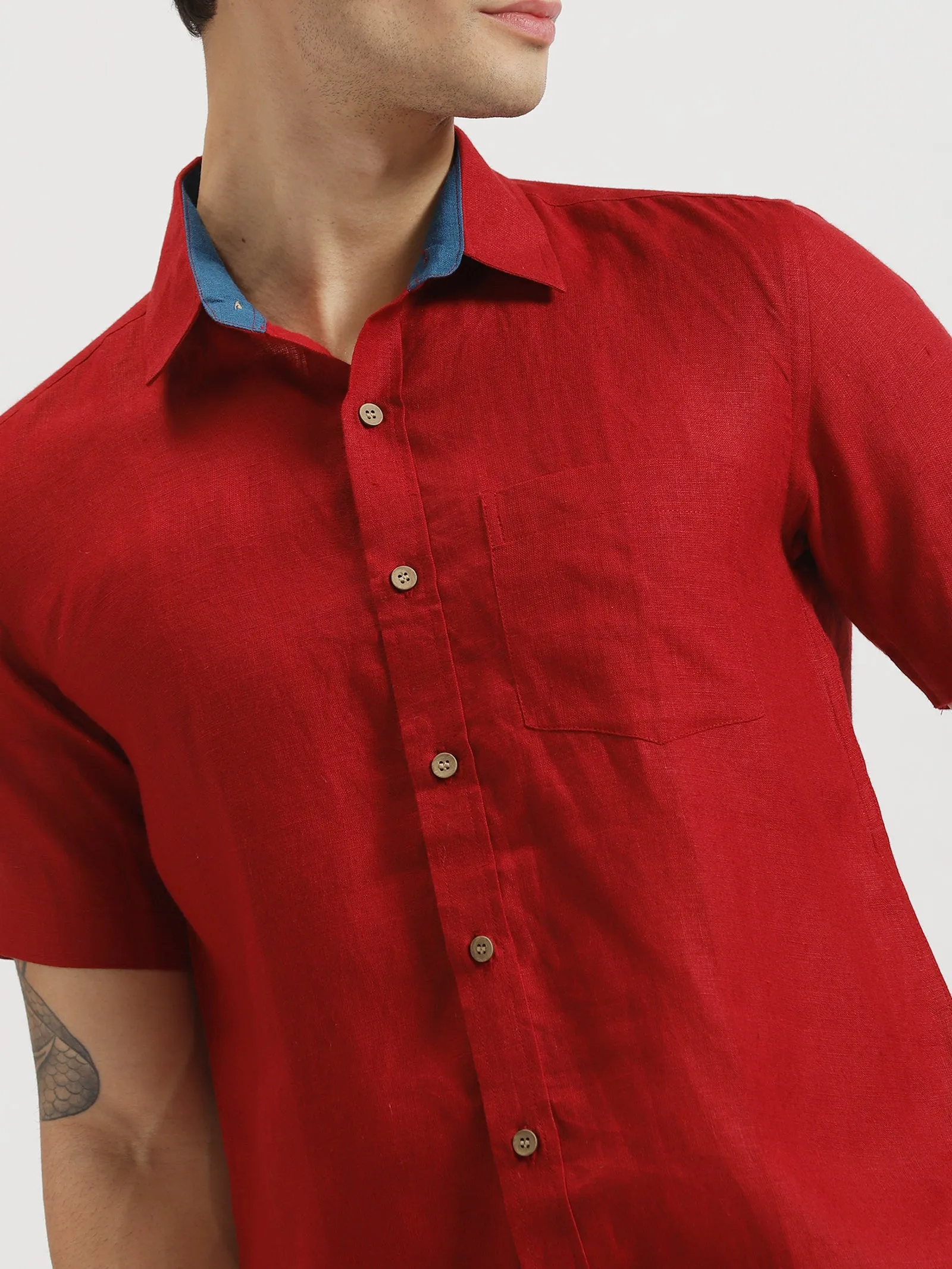 Max - Pure Linen Half Sleeve Shirt - Mud Red (Factory Rescue)