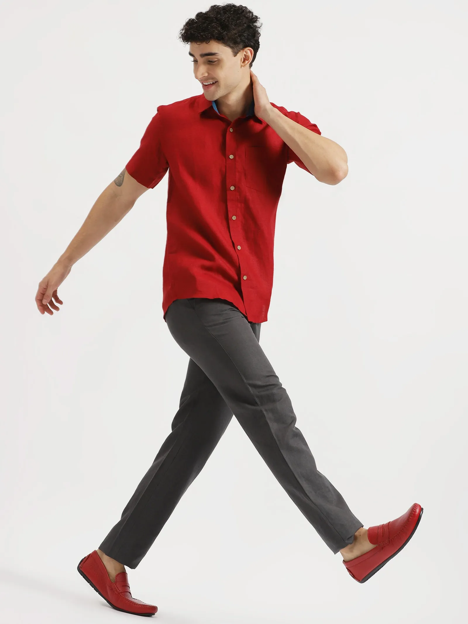 Max - Pure Linen Half Sleeve Shirt - Mud Red (Factory Rescue)