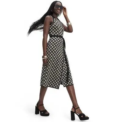 Open Box - Women's Collared Sleeveless Ginkgo Cherry Tomato Sweaterknit Midi Wrap Dress - DVF