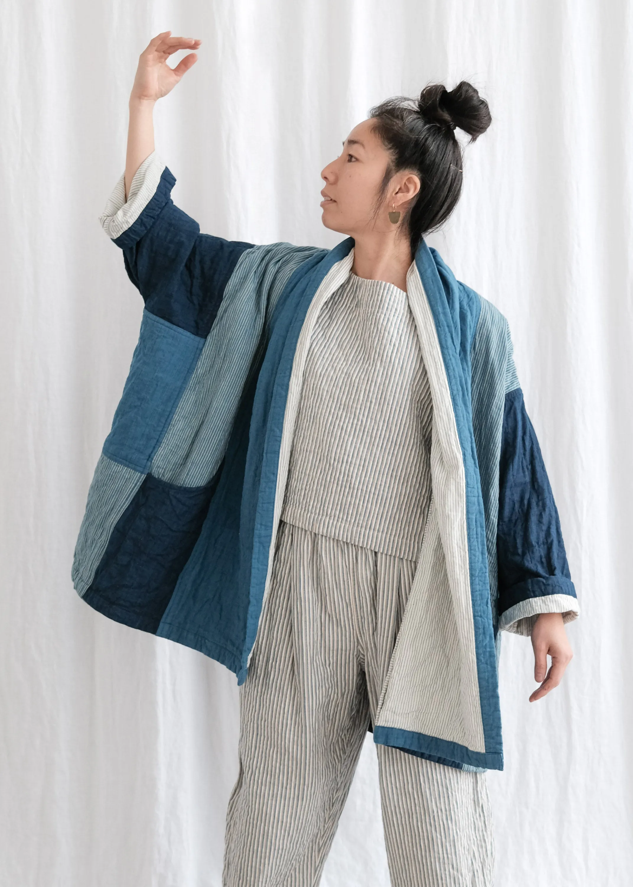 Quilted Botanical Coat - Handwoven Cotton - Indigo