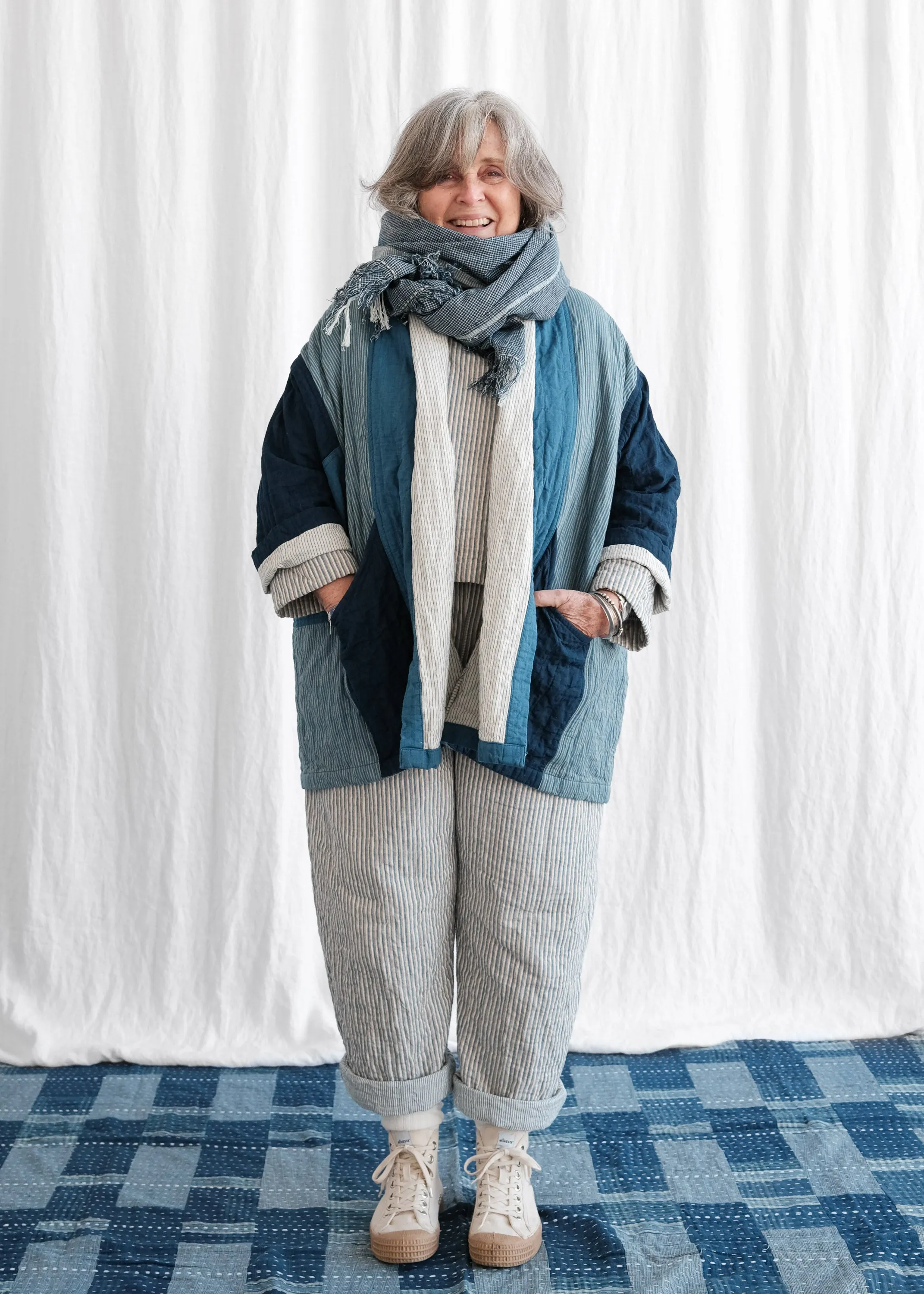 Quilted Botanical Coat - Handwoven Cotton - Indigo