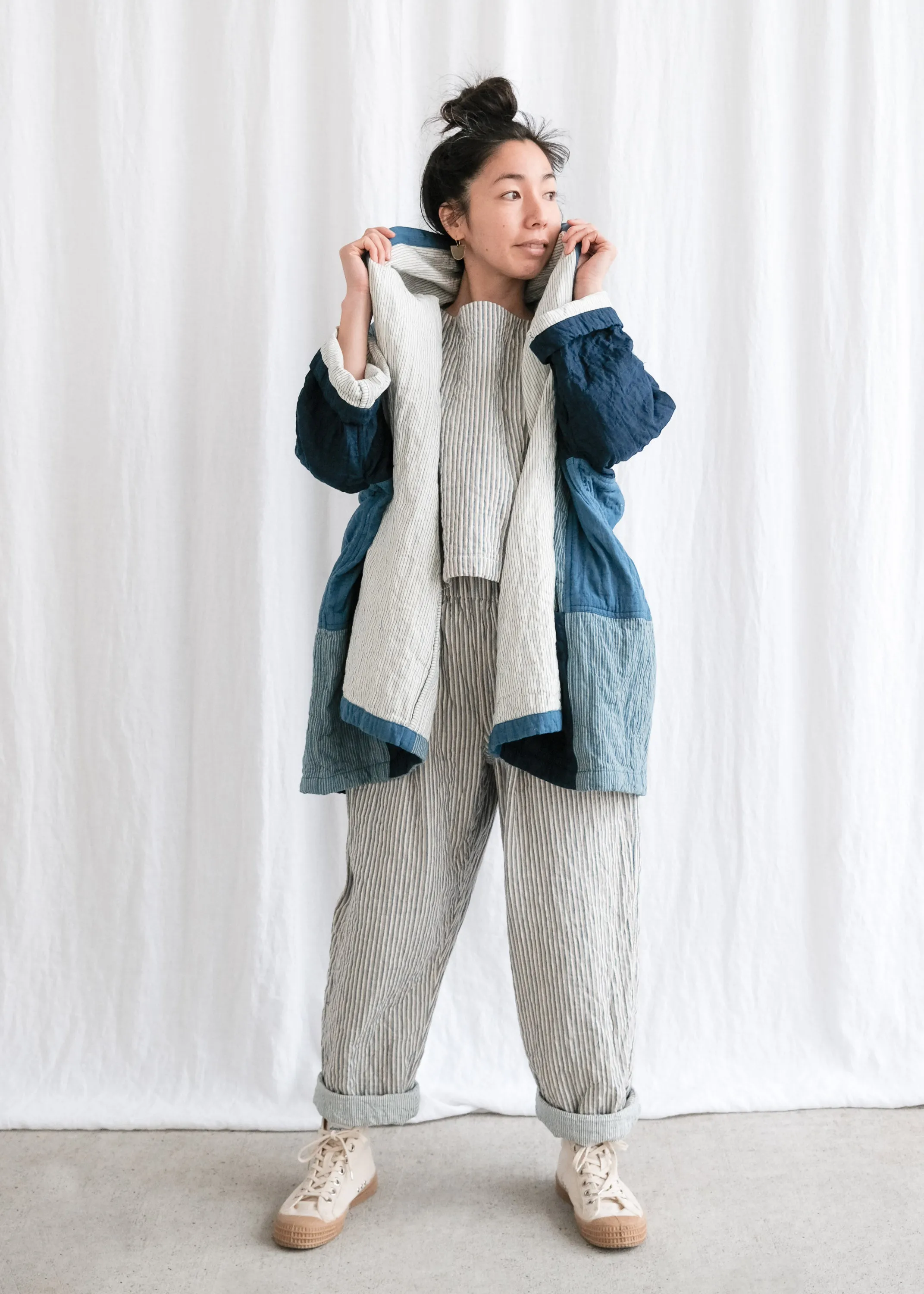 Quilted Botanical Coat - Handwoven Cotton - Indigo