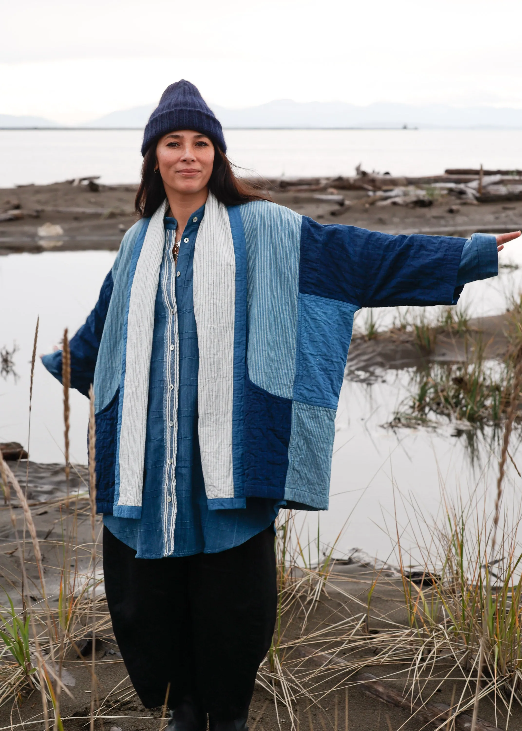 Quilted Botanical Coat - Handwoven Cotton - Indigo
