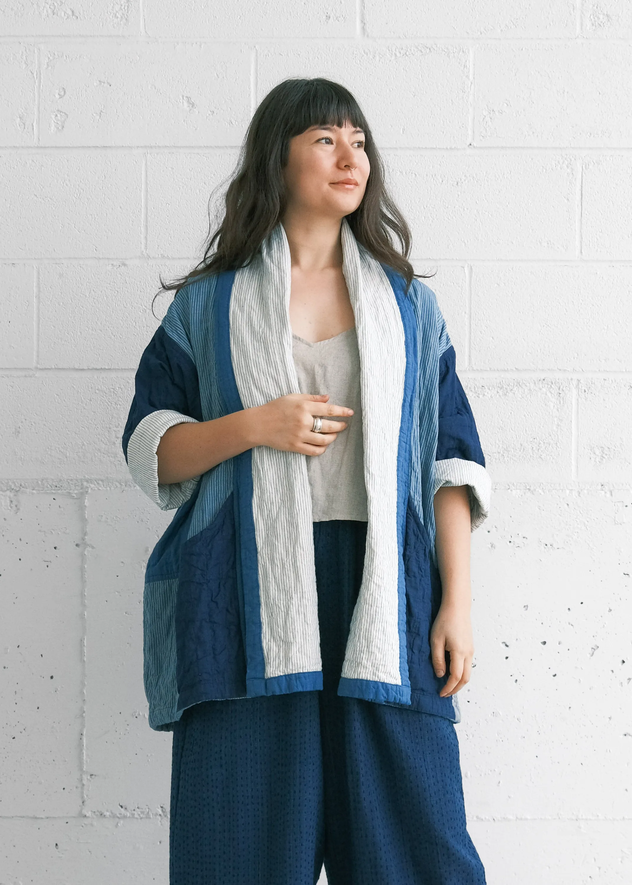Quilted Botanical Coat - Handwoven Cotton - Indigo